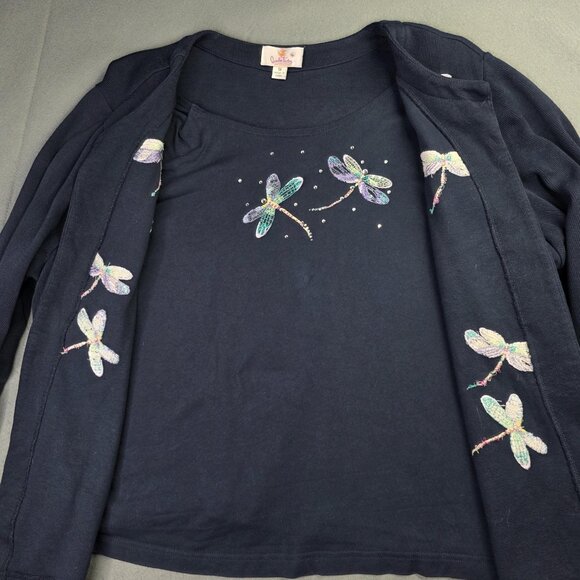Quacker Factory Sweater Set Womens 1X Blue Dragonfly Rhinestone 2 in 1 Twinset - Picture 6 of 14